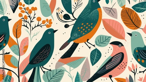 Simplified illustrations of colorful birds