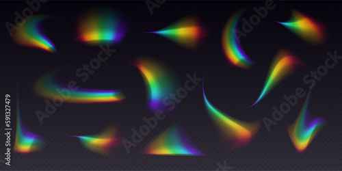 Refractions set, leak flare overlay, rainbow sunlight effect, holographic rays collection isolated on a black background. Blurred bokeh retro photo texture, vintage camera glare. Vector illustration.
