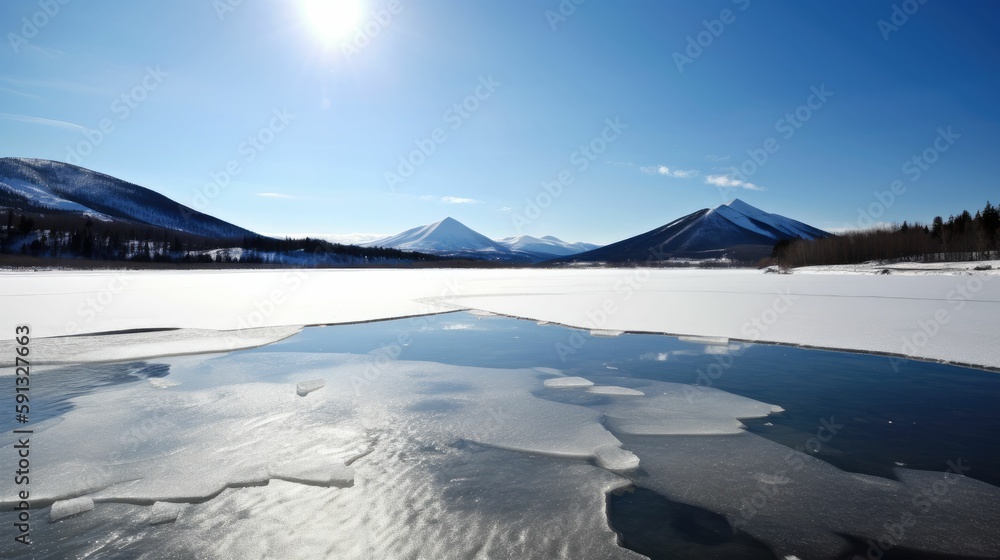 Obraz premium Frozen lake with snow cover in winter