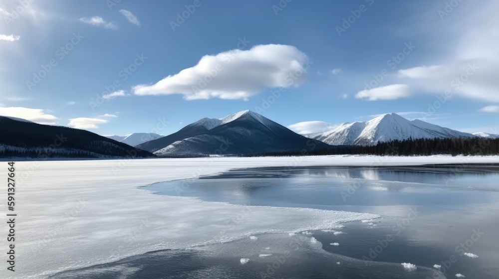 Frozen lake in winter with snow cover