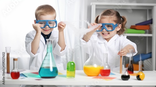 Children having fun with science experiments mixing chemicals