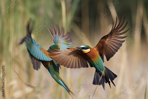 Birds of Paradise fighting in flight meadow background, bee eaters ,Merops Apiaster, generative AI