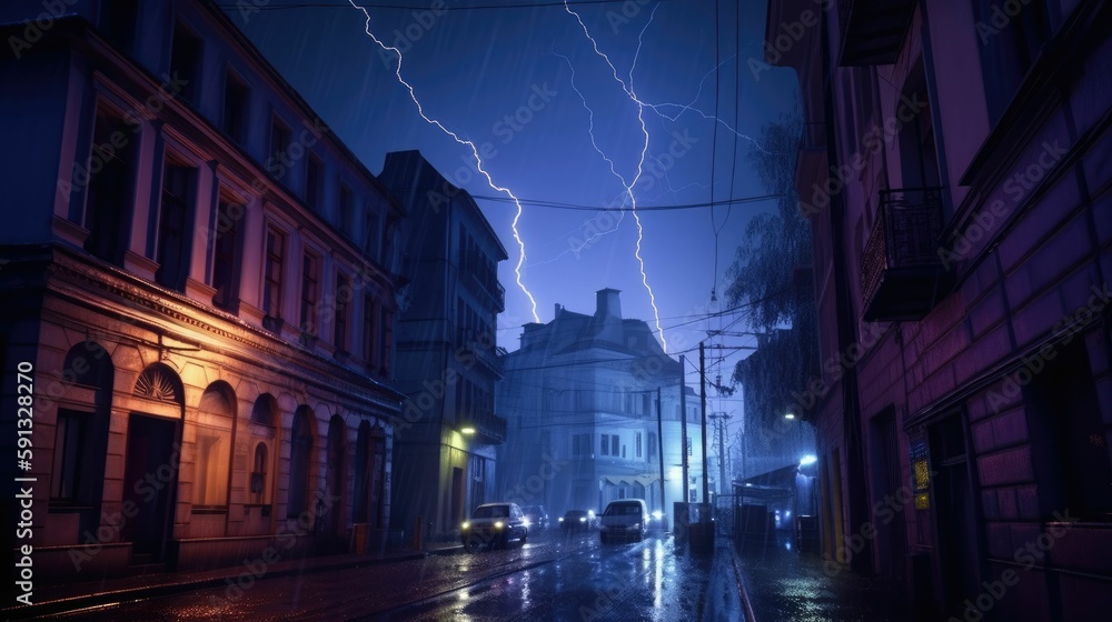 Thunderstorm alley with dimly lit city streets and lightning strikes