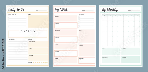 3 set of Monthly, daily, weekly planner. Plan you food day easily. Vector illustration.