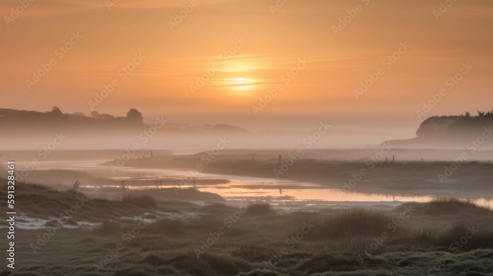 Coastal estuary with a misty sunrise
