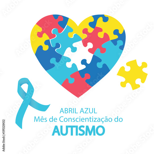 Blue april Autism awareness month in Portuguese Brazilian language vector illustration