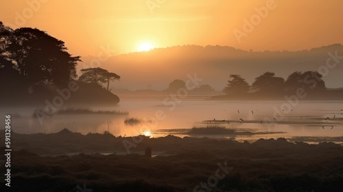 Coastal estuary with a misty sunrise