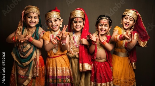 Kids dressed in traditional clothes dancing and singing