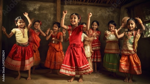 Kids dressed in traditional clothes dancing and singing