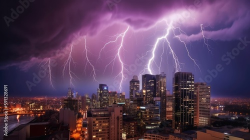 Cityscape at night with lightning bolt