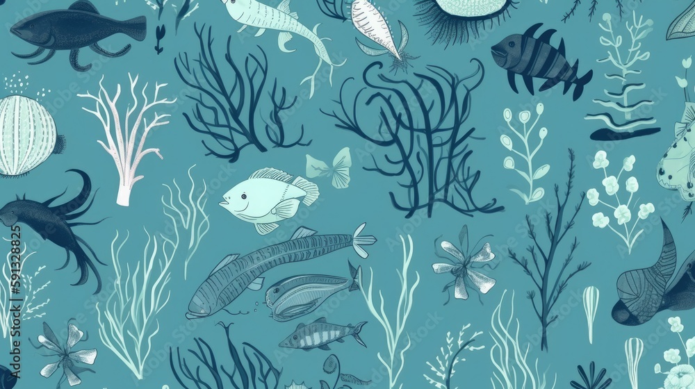 Simple illustrations of ocean life in blue and green tones wallpaper Simple illustrations of ocean life in blue and green tones wallpaper