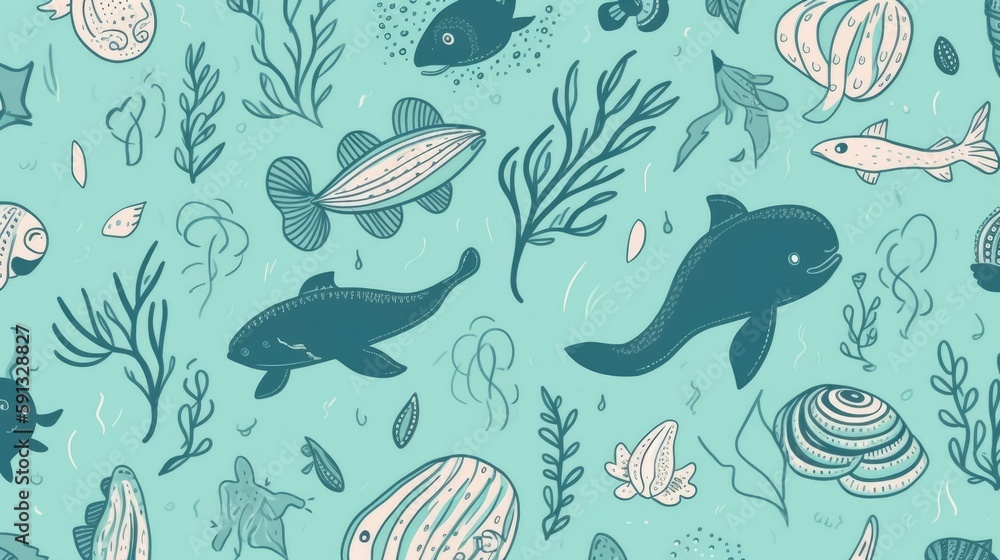 Simple illustrations of ocean life with blue and green tones Simple illustrations of ocean life with blue and green tones