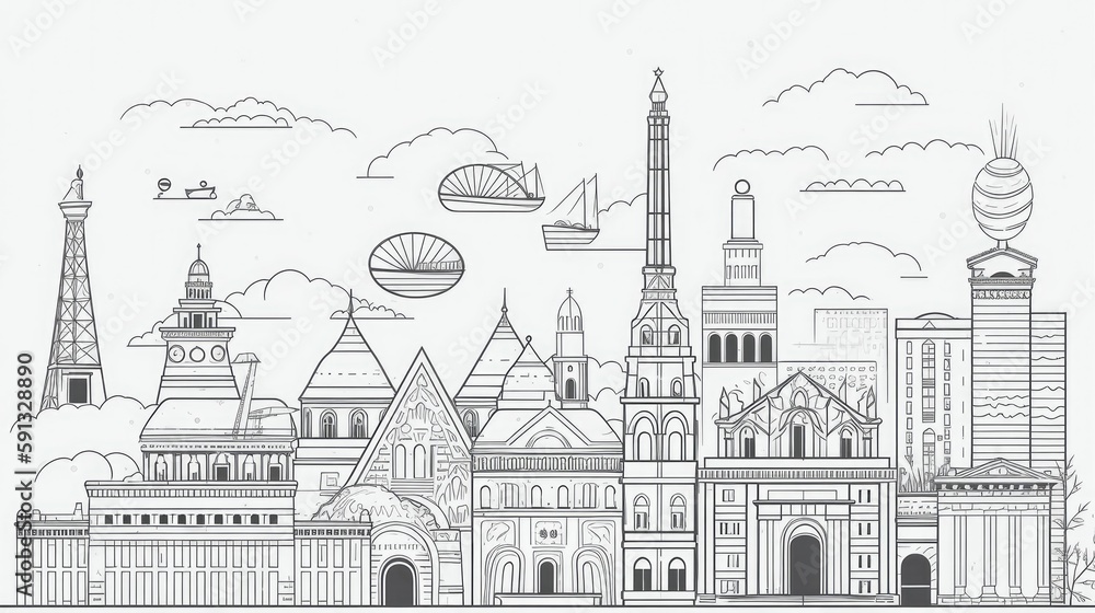 Monochrome wallpaper with simplified line illustrations of landmarks