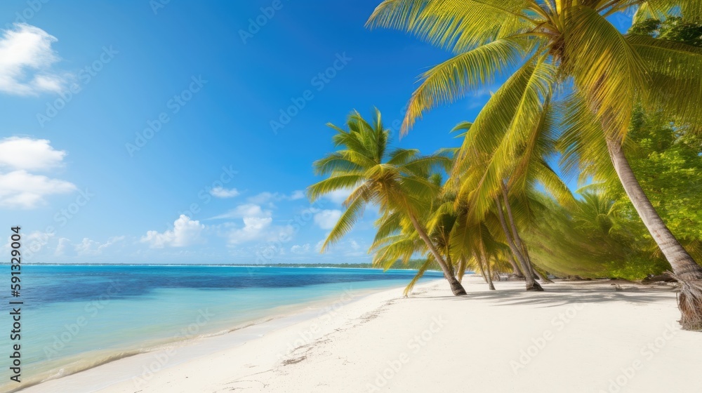 Beach with Palm Trees and Bright Blue Sky