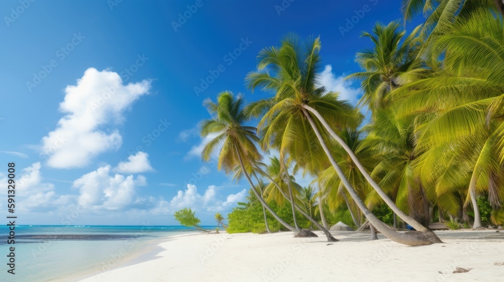 Tropical beach with palm trees and bright blue water