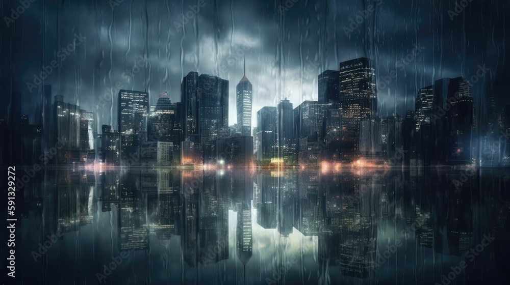 Dramatic rainy cityscape with soaring skyscrapers and heavy pour
