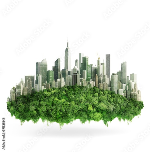 Green city skyline and lots of trees, parks and forests on futuristic landscape or planet, AI generative clipart on white background