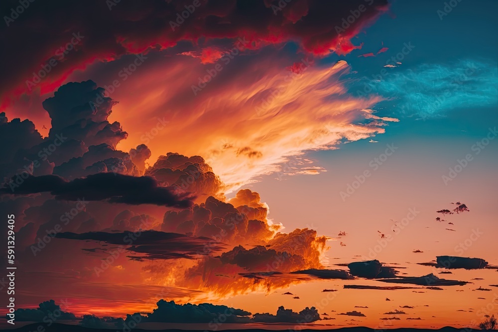 vibrant and colorful sunset with fluffy clouds in the sky. Generative AI