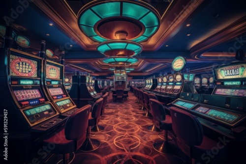 Luxury casino interior with lots of slot machines. AI generated, human enhanced. © top images