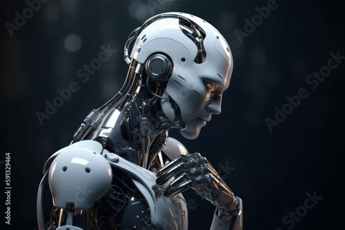 The contemporary white robot is pondering about the solution to the problem. AI generated  human enhanced