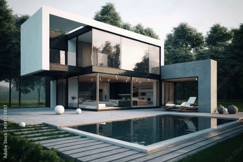 Modern house with swimming pool. AI generated, human enhanced.