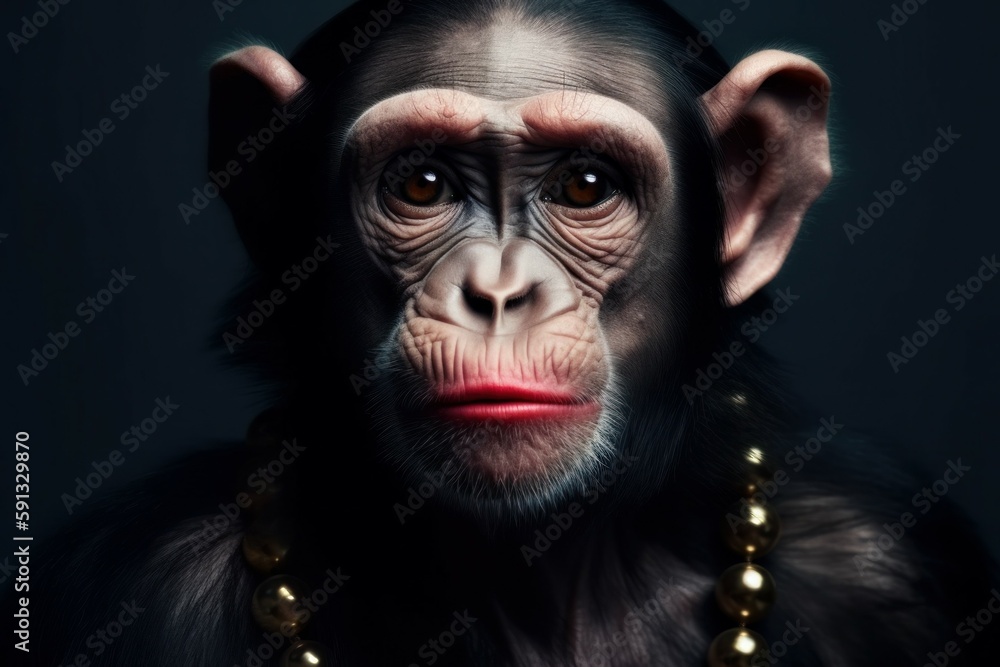 Anthropomorphic funny monkey with lipstick painted lips. AI generated, human enhanced Anthropomorphic funny monkey with lipstick painted lips. AI generated, human enhanced