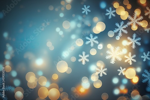 blurred snowflakes falling on a blue background. Generative AI