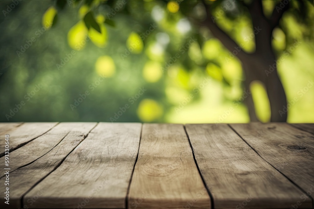 rustic wooden table with a scenic forest background. Generative AI rustic wooden table with a scenic forest background. Generative AI