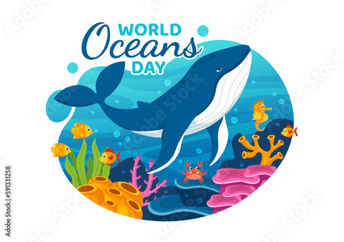 World Oceans Day Illustration to Help Protect and Conserve Ocean, Fish, Ecosystem or Sea Plants in Flat Cartoon Hand Drawn for Landing Page Templates
