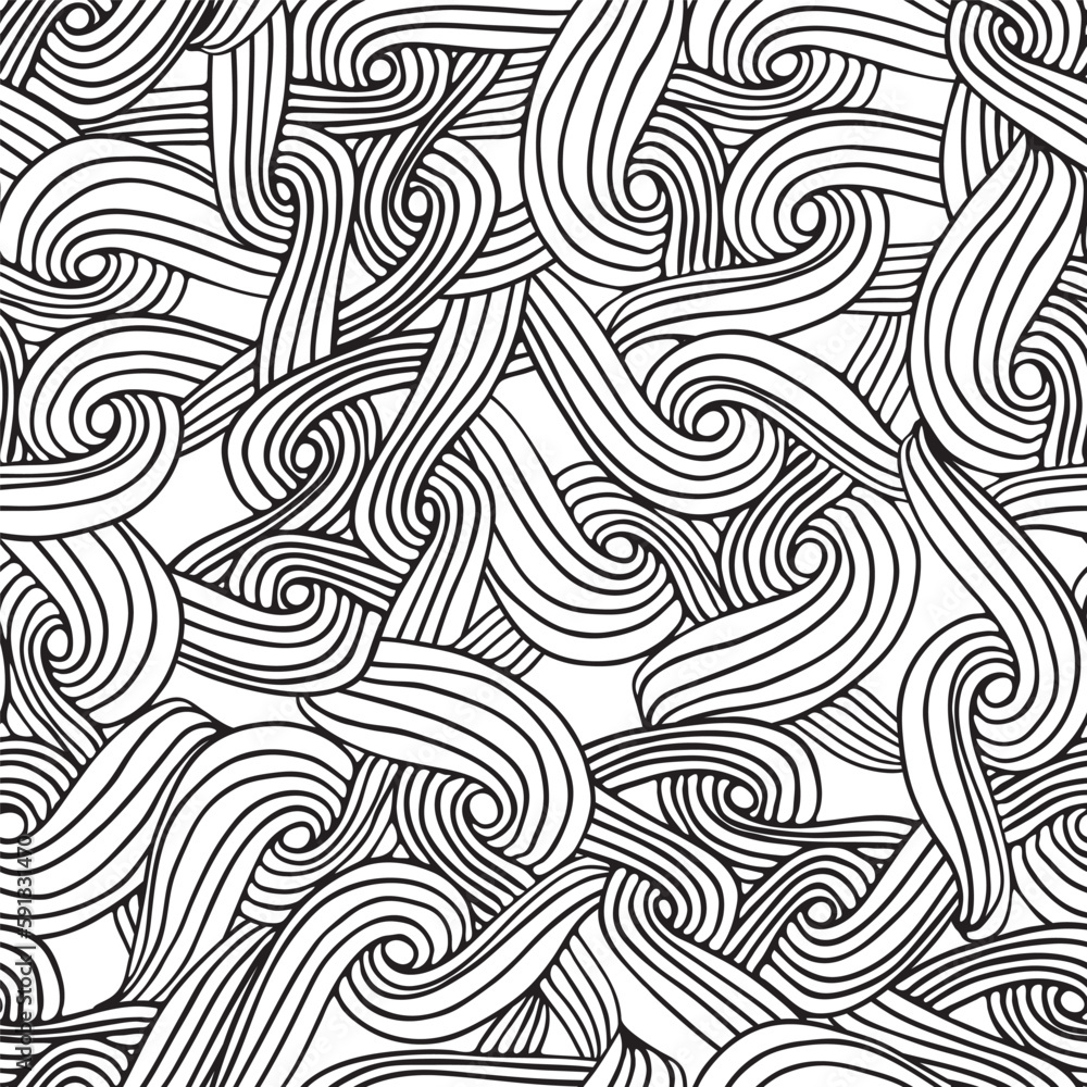 Black and white contour seamless pattern. Linear hand drawn background. Abstract chaotic doodle print.