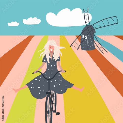 Conceptual vector illustration with symbols Holland, Netherlands, Amsterdam, landmarks, travel, tourism.