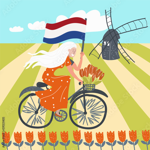 Conceptual vector illustration with symbols Holland, Netherlands, Amsterdam, landmarks, travel, tourism.
