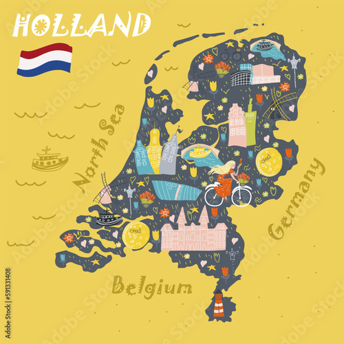 Holland, Netherlands, Amsterdam map, hand drawn vector cartoon, Illustration for guidebook, poster, travel booklet, fashion design.Conceptual vector illustration with symbols Holland, Netherlands, Am