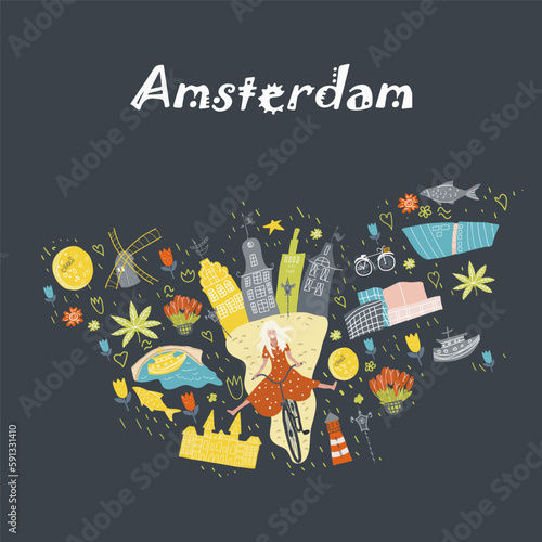 Holland, Netherlands, Amsterdam map, hand drawn vector cartoon,  Illustration for guidebook, poster, travel booklet, fashion design.Conceptual vector illustration with symbols Holland, Netherlands, Am