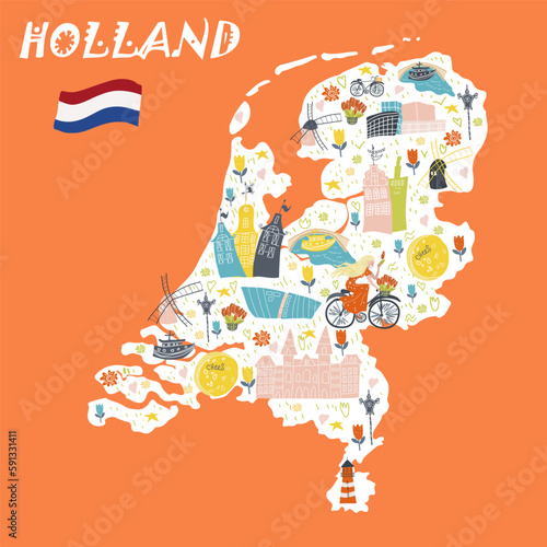 Holland, Netherlands, Amsterdam map, hand drawn vector cartoon,  Illustration for guidebook, poster, travel booklet, fashion design.Conceptual vector illustration with symbols Holland, Netherlands, Am