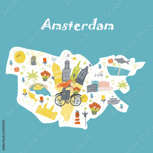 Holland, Netherlands, Amsterdam map, hand drawn vector cartoon,  Illustration for guidebook, poster, travel booklet, fashion design.Conceptual vector illustration with symbols Holland, Netherlands, Am