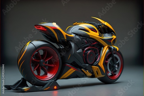 Futuristic sci-fi design yellow motorcycle model with hyper realistic hard surface detail. Racer motorbike with speedy design in digital artwork. Superb Generative AI photo