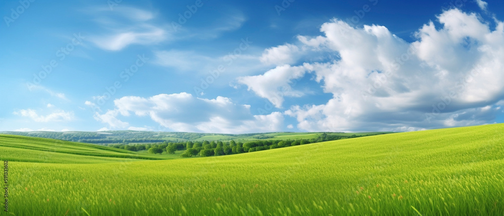 Panoramic natural landscape of green rolling fields with grass against a blue sky.