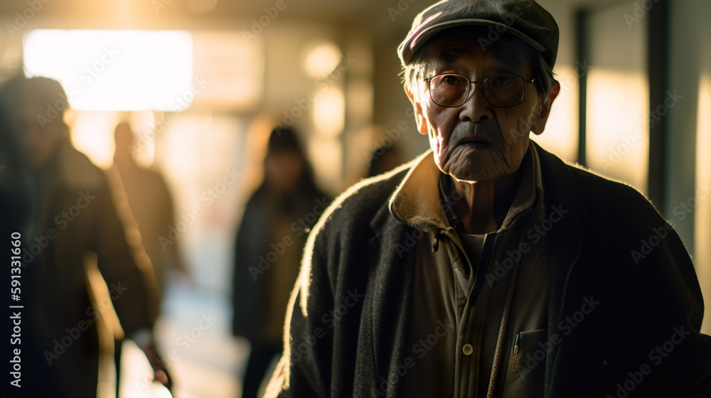 Elderly person using a walking aid with a relative, caregiver in a hospital hallway, AI generative photorealistic illustration Elderly person using a walking aid with a relative, caregiver in a hospital hallway, AI generative photorealistic illustration