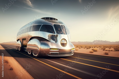 sleek, futuristic vehicle cruising on a desert highway. Generative AI