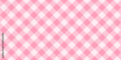 Seamless diagonal gingham pattern. Pale pink and white slanted vichy cage background. Checked tweed plaid repeating wallpaper. Fabric texture design. Vector 