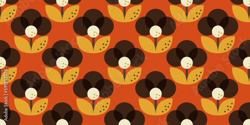 Seamless retro floral pattern. Vintage stylized flowers background warm colors. Nostalgic regular repeating wallpaper. Fabric and textile swatch design. Vector texture and illustration