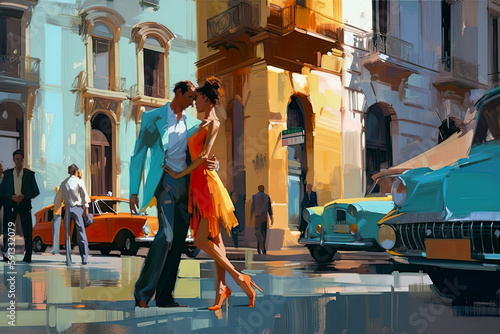 Couple dancing tango on street in Argentina, retro futuristic style, AI generative illustration