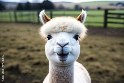 close-up view of a llama in a fenced area. Generative AI