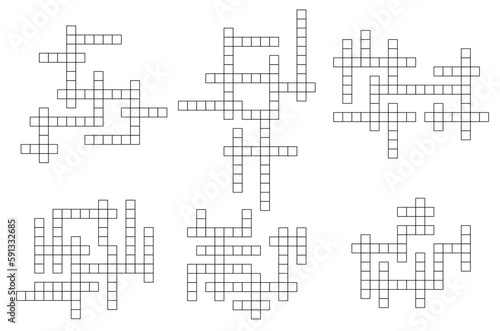Crossword game grid, vector cross word puzzle layout. Word guess quiz with blank square cells. Intellectual worksheet templates with empty boxes. Rebus, brainteaser, riddle for recreational leisure
