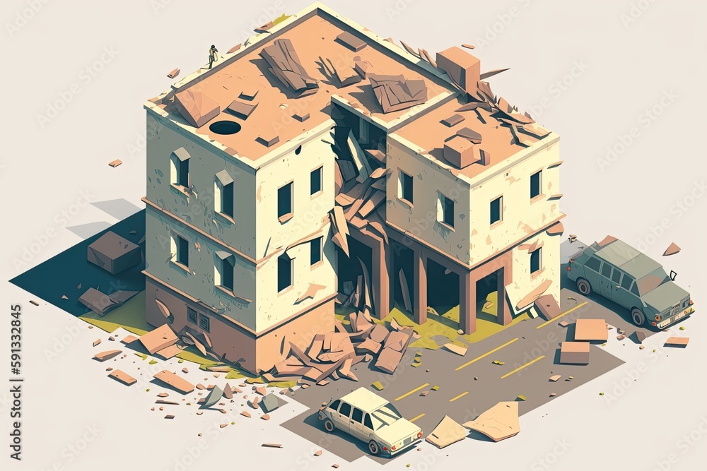 van parked in front of a ruined building. Generative AI