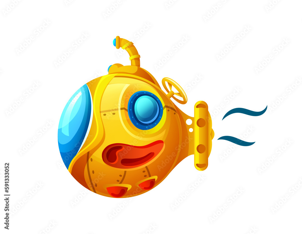 Cartoon submarine or yellow bathyscaphe, underwater boat with periscope ...