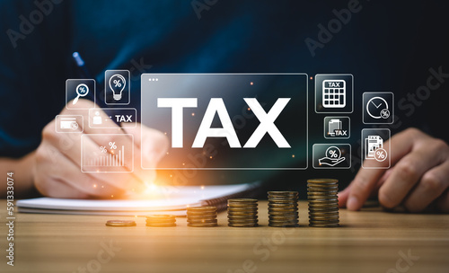 Tax deduction planning concept. Businessman calculating business balance prepare tax reduction. taxes paid by individuals and corporations such as VAT, income tax and property tax.