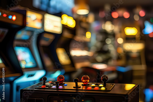 close up shot of arcade machines in an arcade with blurry background