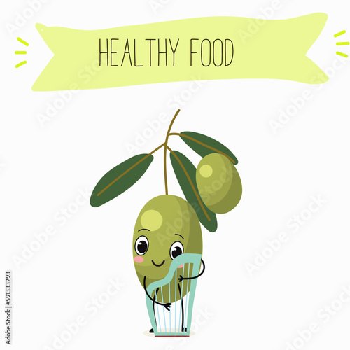 Illustration with funny characters olives. Funny and healthy food. Vitamins, cute face food, ingredients, vegetarian, vector cartoon, agriculture, raw.